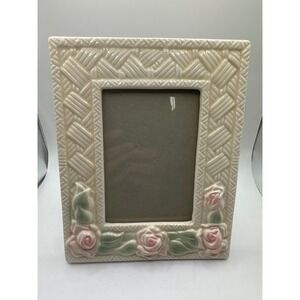 Elsa Ceramic Rose Basketweave Picture Frame Cream Pink Floral Vintage 5x3.5